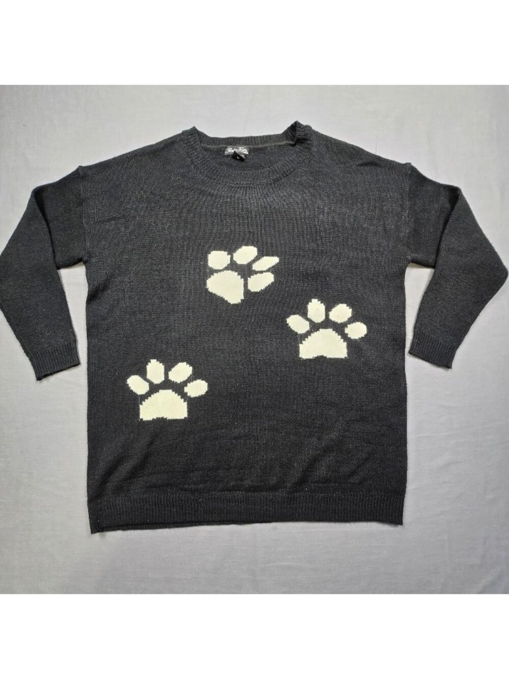Evelyn Taylor 2X Sweater Black Dog Paw Print Knit Long Sleeve
